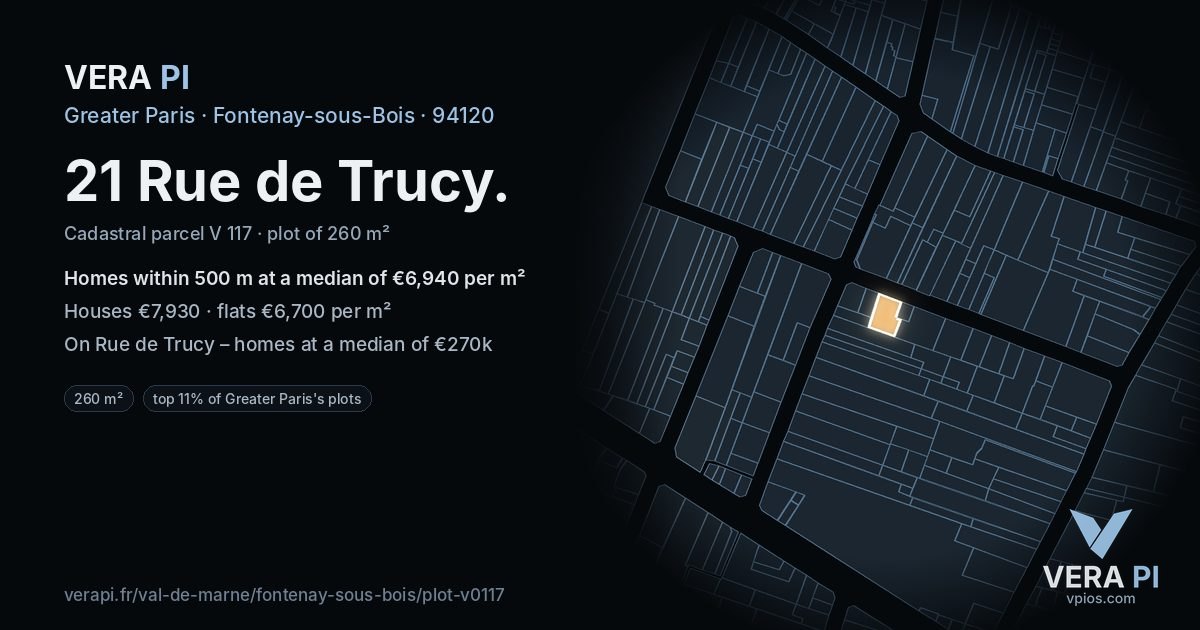 21 Rue de Trucy, Fontenay-sous-Bois at night – the plot lit, the parcels around coloured by the prices near them