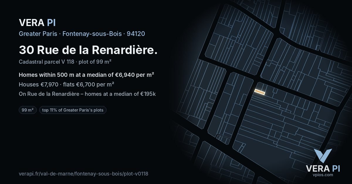 30 Rue de la Renardière, Fontenay-sous-Bois at night – the plot lit, the parcels around coloured by the prices near them