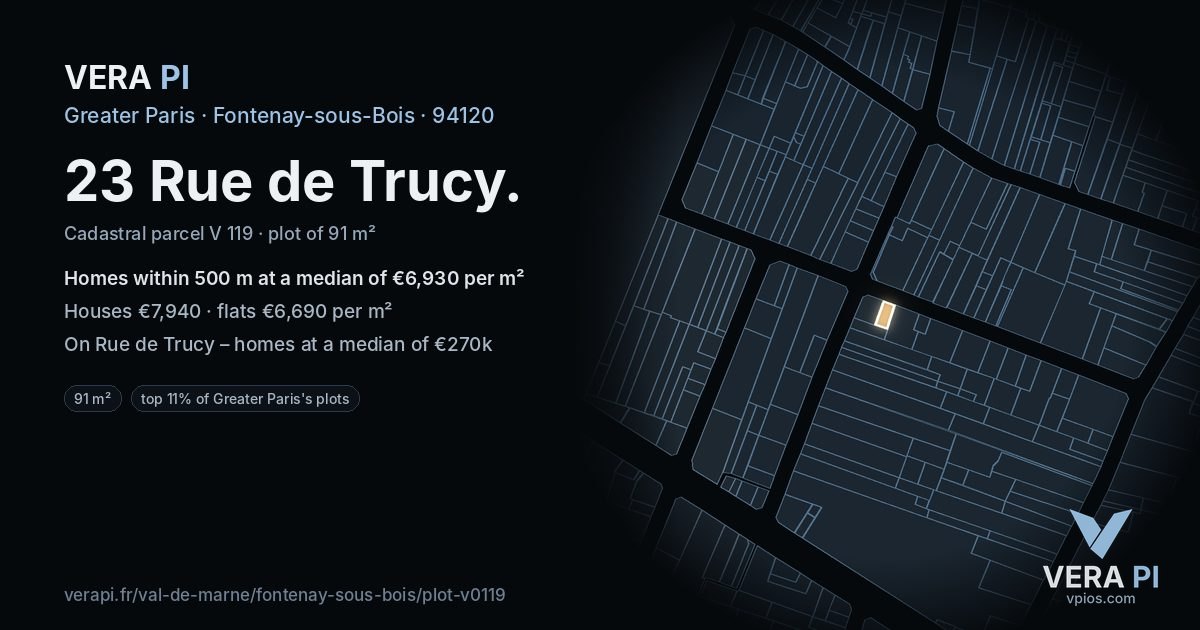 23 Rue de Trucy, Fontenay-sous-Bois at night – the plot lit, the parcels around coloured by the prices near them