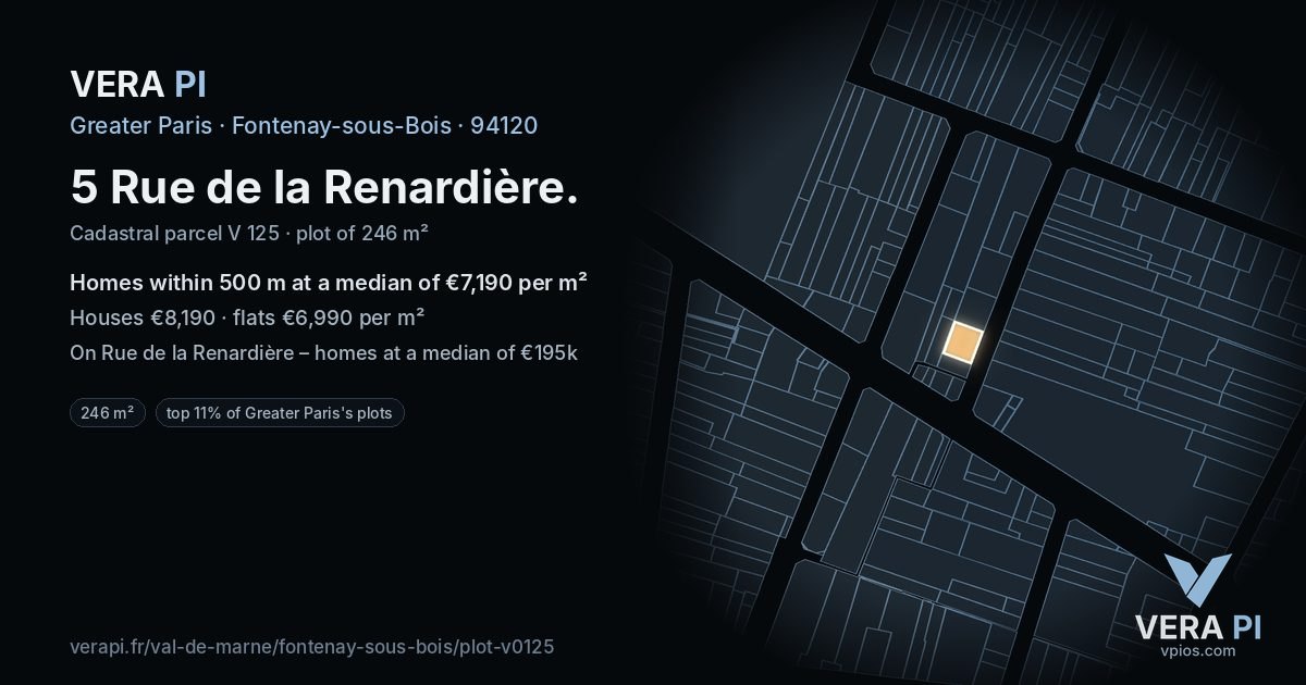 5 Rue de la Renardière, Fontenay-sous-Bois at night – the plot lit, the parcels around coloured by the prices near them