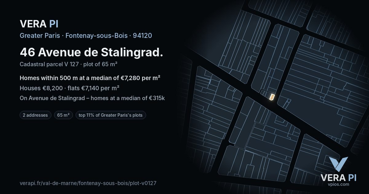 46 Avenue de Stalingrad, Fontenay-sous-Bois at night – the plot lit, the parcels around coloured by the prices near them