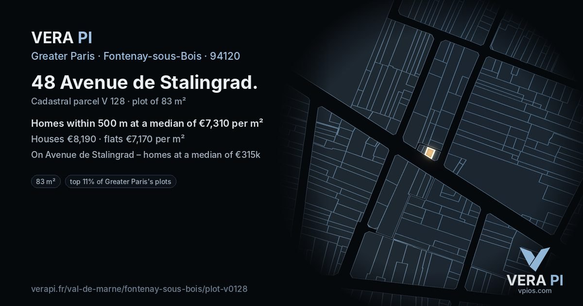 48 Avenue de Stalingrad, Fontenay-sous-Bois at night – the plot lit, the parcels around coloured by the prices near them