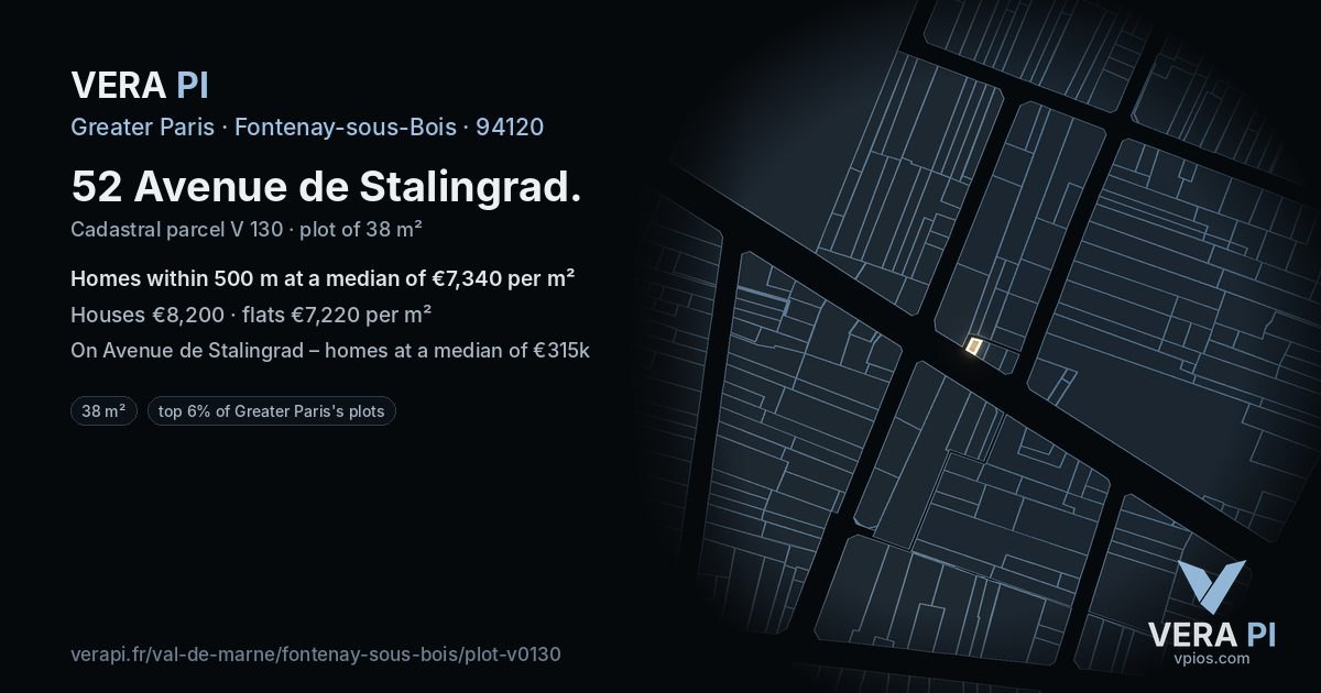 52 Avenue de Stalingrad, Fontenay-sous-Bois at night – the plot lit, the parcels around coloured by the prices near them