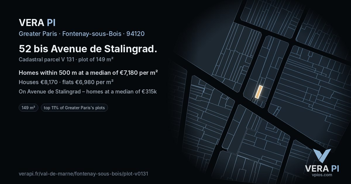 52 bis Avenue de Stalingrad, Fontenay-sous-Bois at night – the plot lit, the parcels around coloured by the prices near them