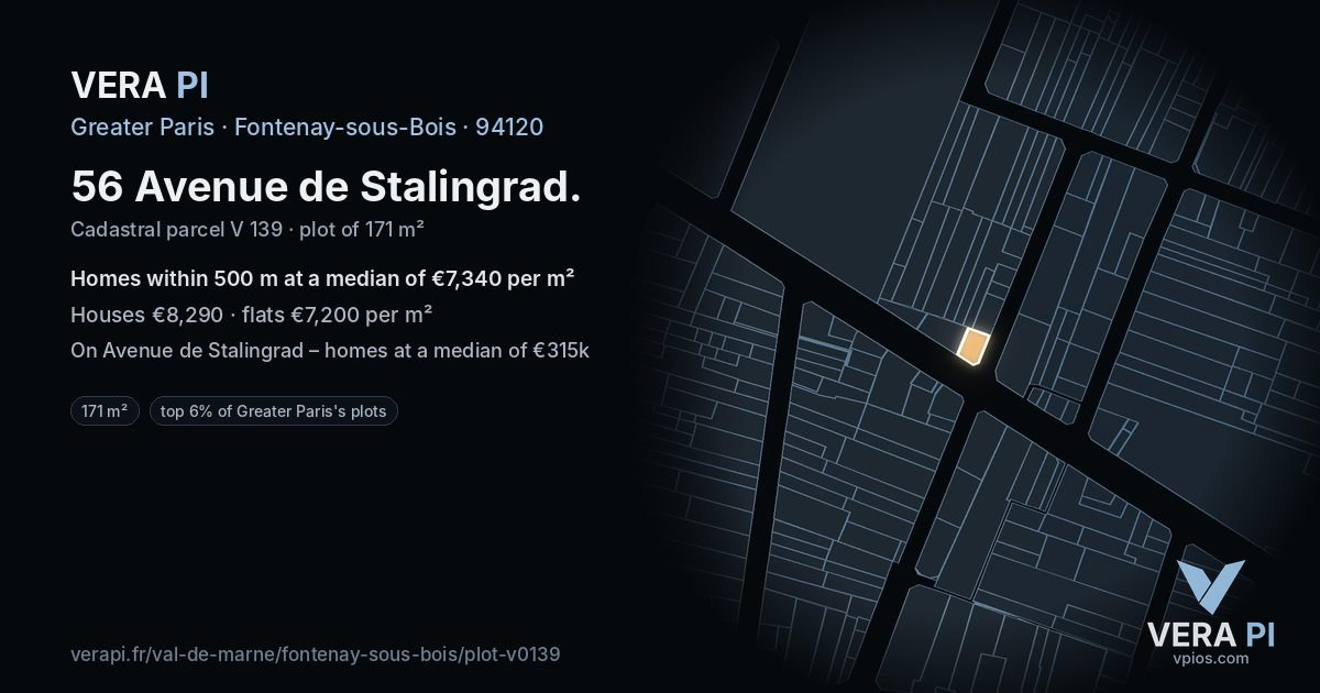 56 Avenue de Stalingrad, Fontenay-sous-Bois at night – the plot lit, the parcels around coloured by the prices near them