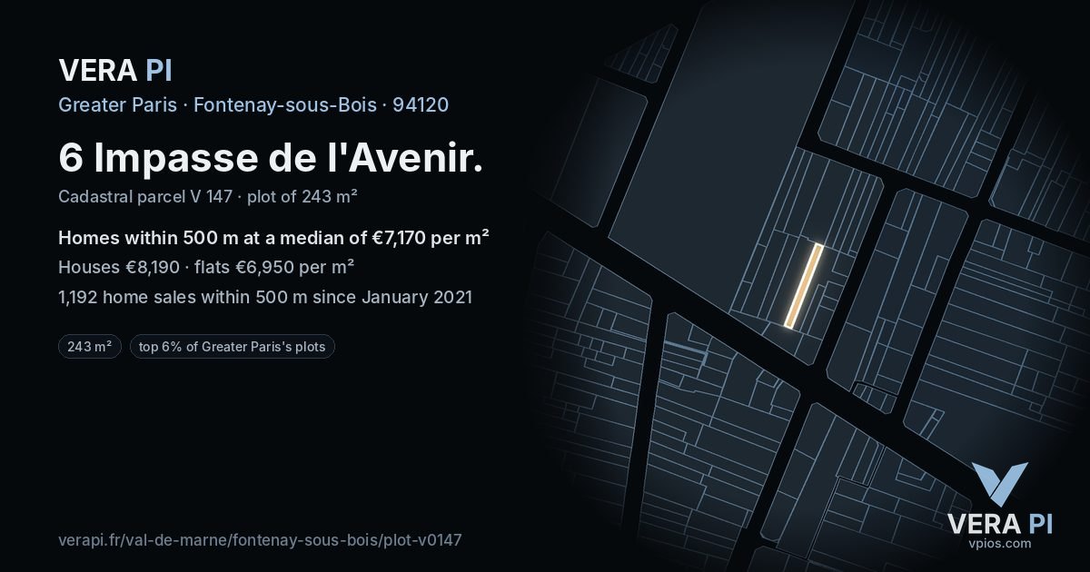 6 Impasse de l'Avenir, Fontenay-sous-Bois at night – the plot lit, the parcels around coloured by the prices near them