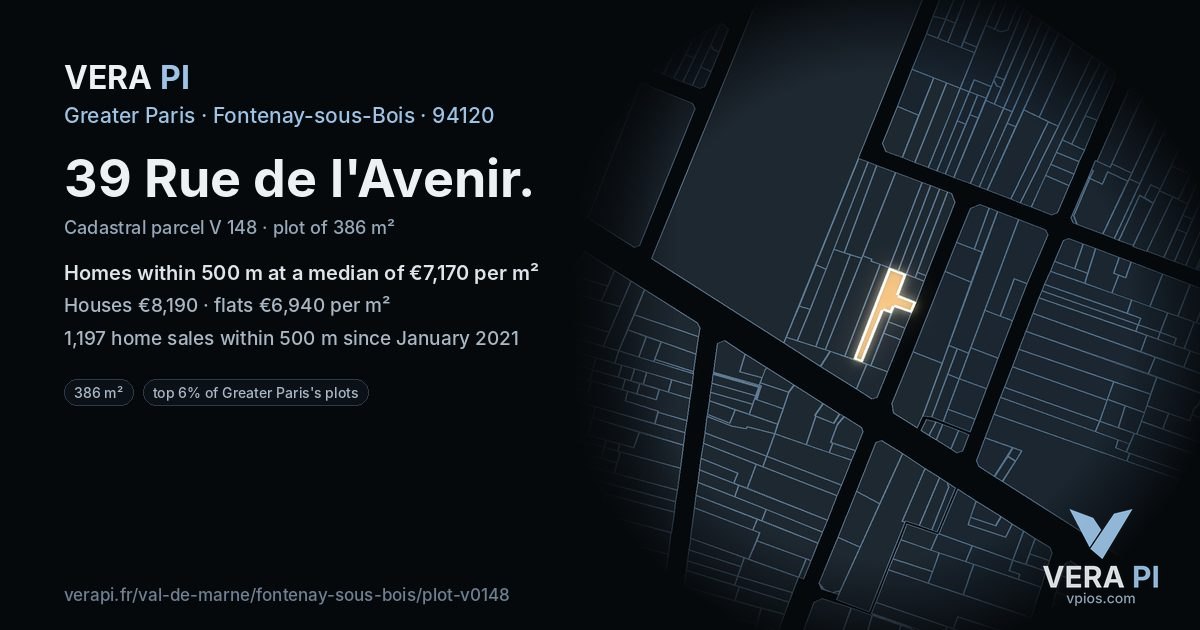39 Rue de l'Avenir, Fontenay-sous-Bois at night – the plot lit, the parcels around coloured by the prices near them