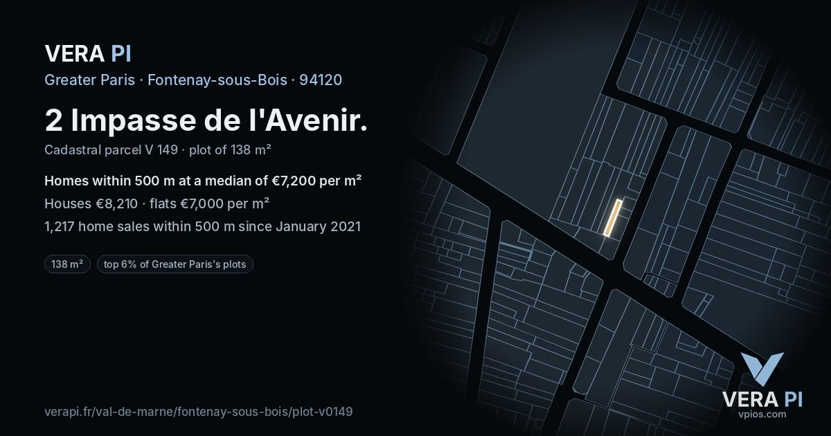 2 Impasse de l'Avenir, Fontenay-sous-Bois at night – the plot lit, the parcels around coloured by the prices near them