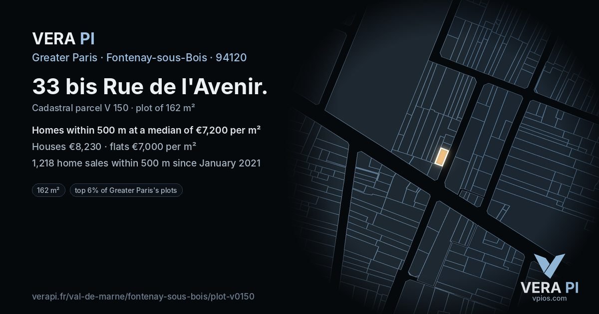 33 bis Rue de l'Avenir, Fontenay-sous-Bois at night – the plot lit, the parcels around coloured by the prices near them