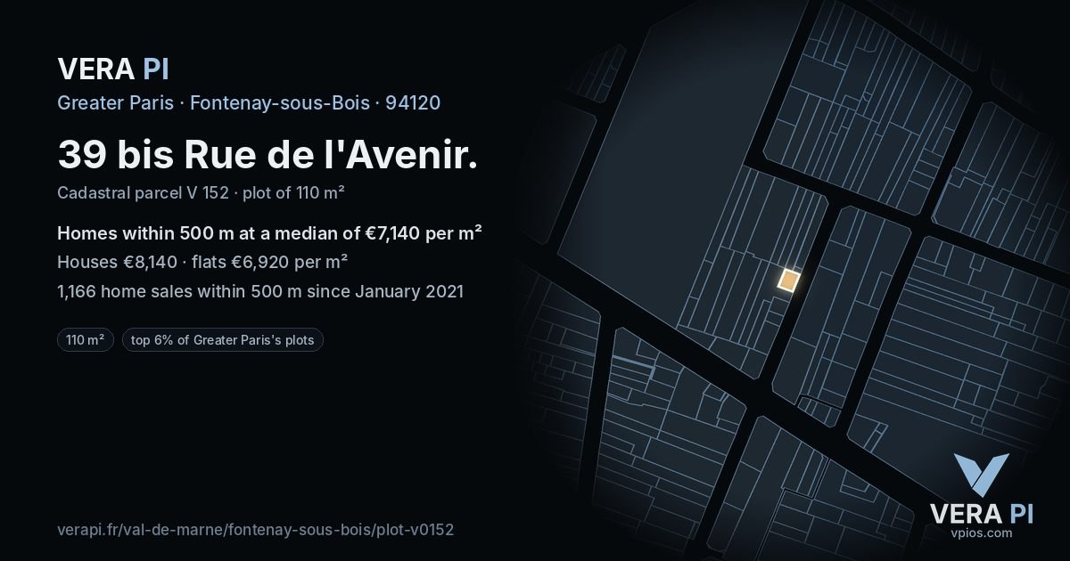 39 bis Rue de l'Avenir, Fontenay-sous-Bois at night – the plot lit, the parcels around coloured by the prices near them