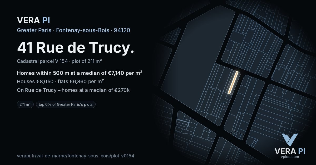 41 Rue de Trucy, Fontenay-sous-Bois at night – the plot lit, the parcels around coloured by the prices near them