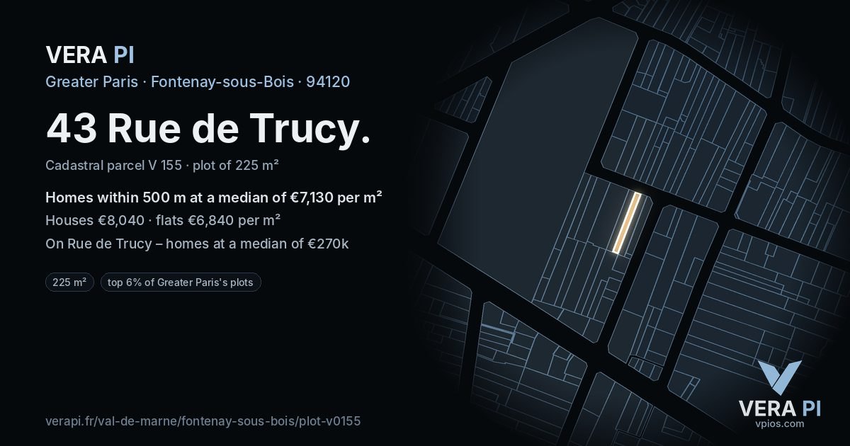 43 Rue de Trucy, Fontenay-sous-Bois at night – the plot lit, the parcels around coloured by the prices near them
