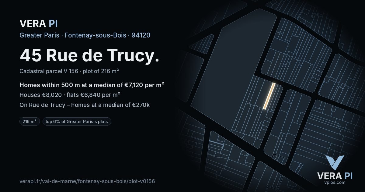 45 Rue de Trucy, Fontenay-sous-Bois at night – the plot lit, the parcels around coloured by the prices near them