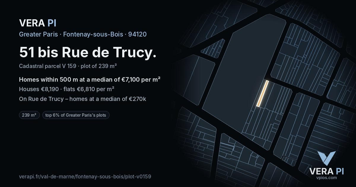 51 bis Rue de Trucy, Fontenay-sous-Bois at night – the plot lit, the parcels around coloured by the prices near them