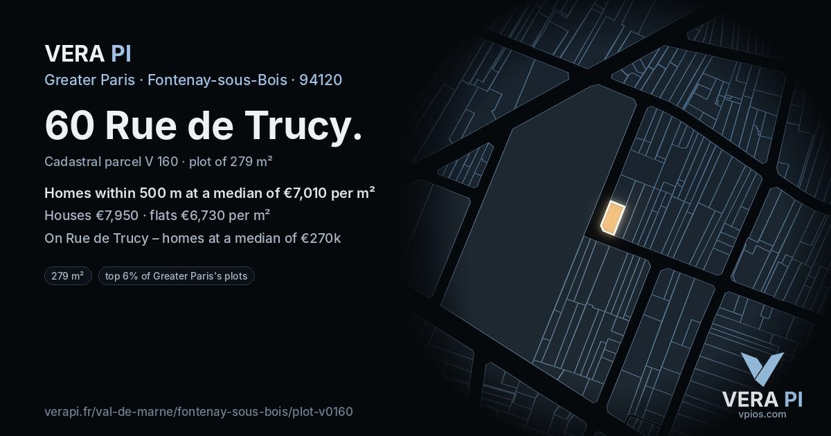 60 Rue de Trucy, Fontenay-sous-Bois at night – the plot lit, the parcels around coloured by the prices near them