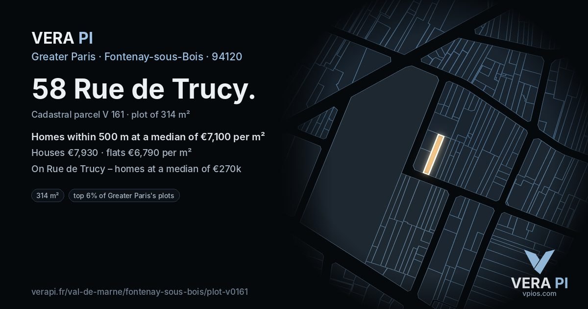58 Rue de Trucy, Fontenay-sous-Bois at night – the plot lit, the parcels around coloured by the prices near them