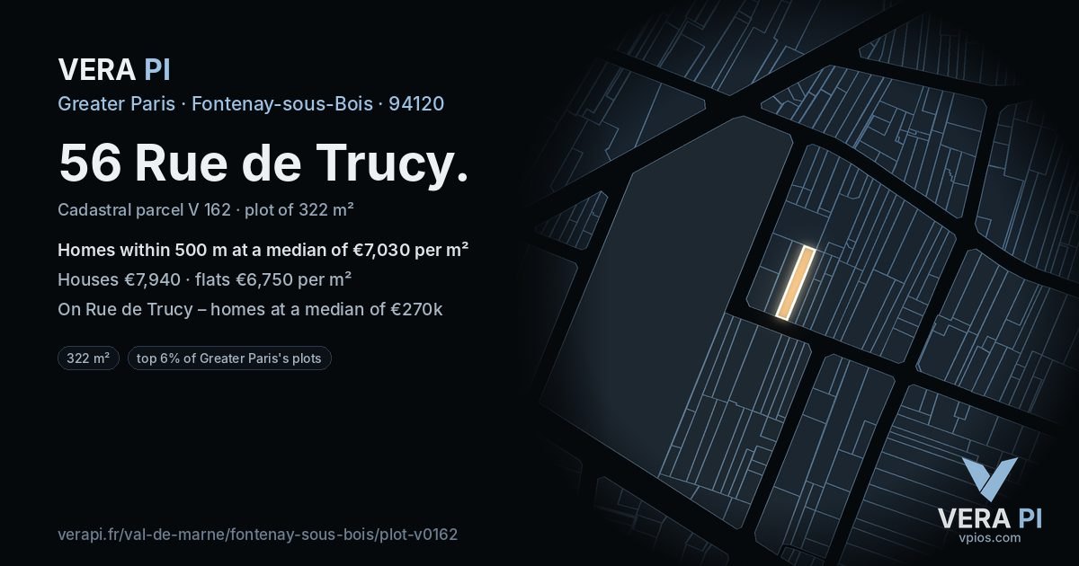 56 Rue de Trucy, Fontenay-sous-Bois at night – the plot lit, the parcels around coloured by the prices near them