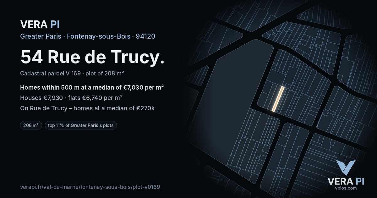 54 Rue de Trucy, Fontenay-sous-Bois at night – the plot lit, the parcels around coloured by the prices near them