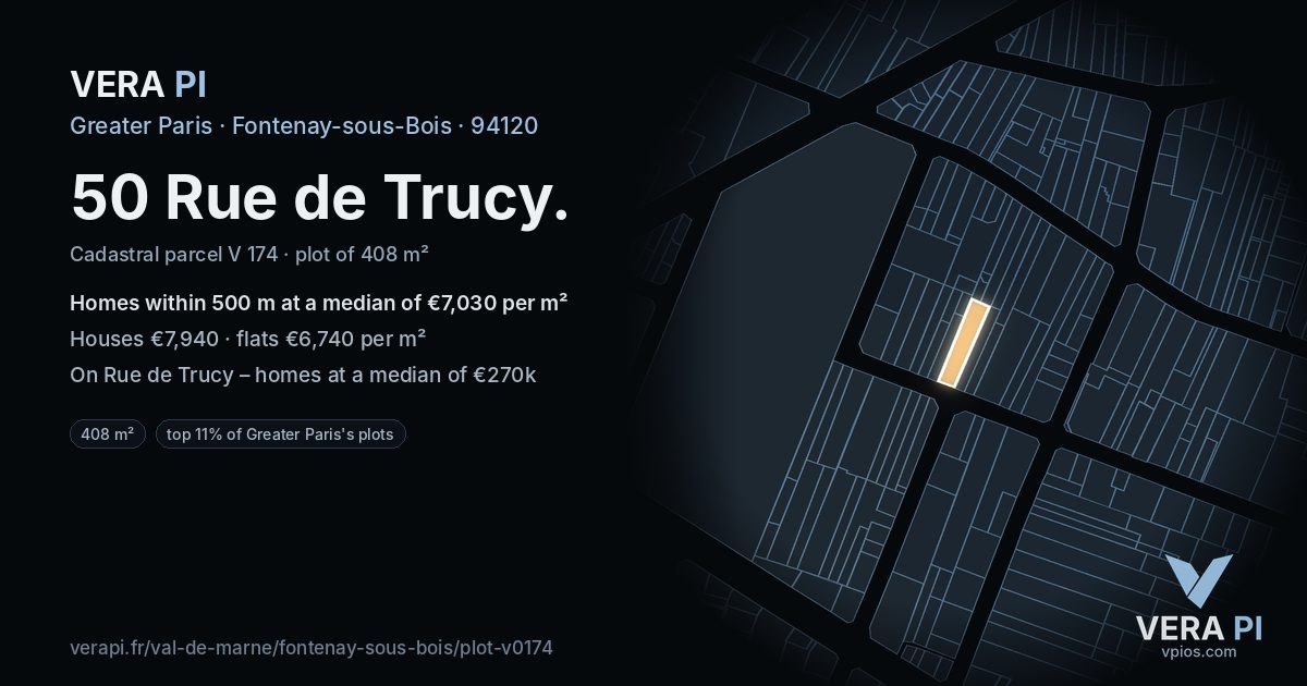 50 Rue de Trucy, Fontenay-sous-Bois at night – the plot lit, the parcels around coloured by the prices near them