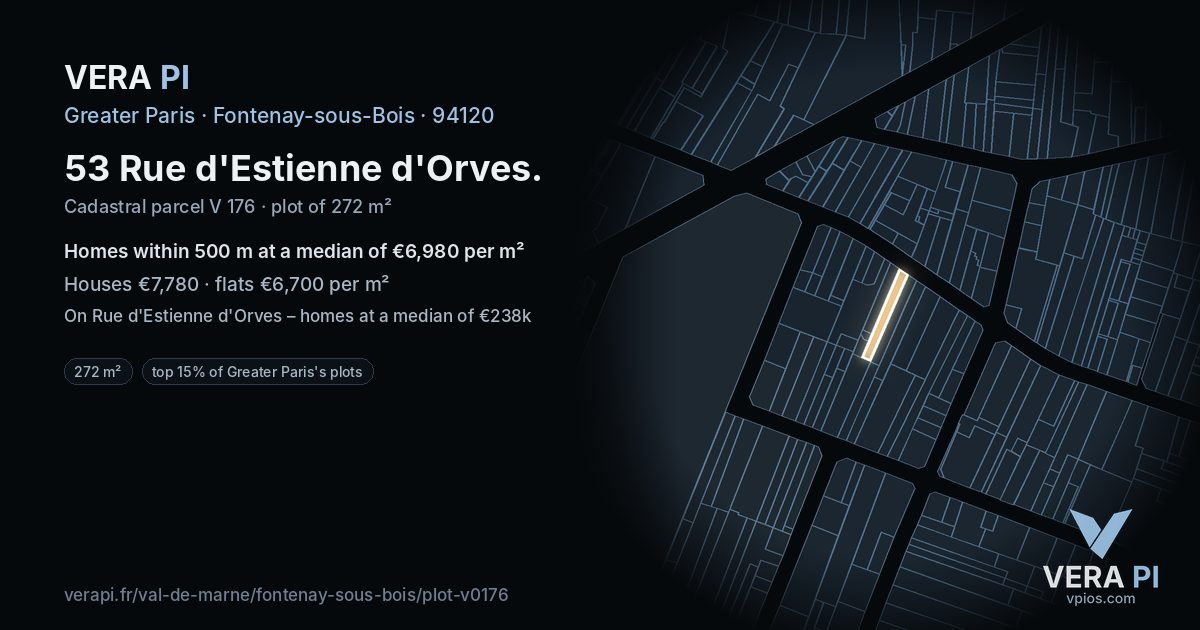 53 Rue d'Estienne d'Orves, Fontenay-sous-Bois at night – the plot lit, the parcels around coloured by the prices near them