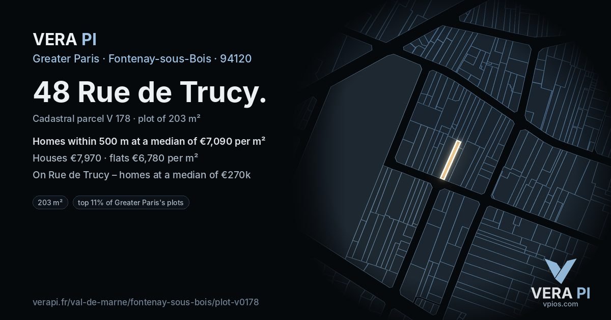 48 Rue de Trucy, Fontenay-sous-Bois at night – the plot lit, the parcels around coloured by the prices near them