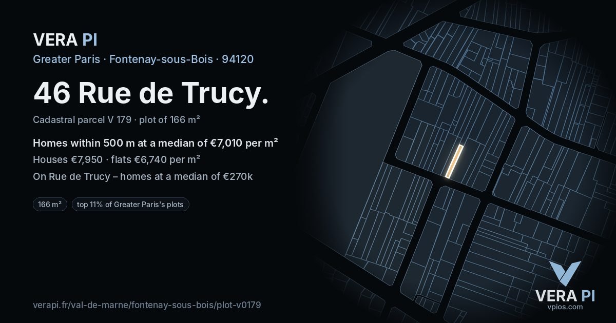 46 Rue de Trucy, Fontenay-sous-Bois at night – the plot lit, the parcels around coloured by the prices near them