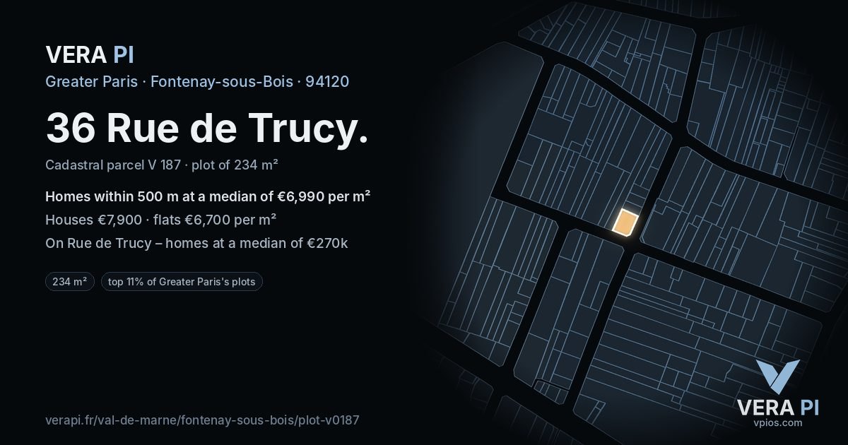36 Rue de Trucy, Fontenay-sous-Bois at night – the plot lit, the parcels around coloured by the prices near them