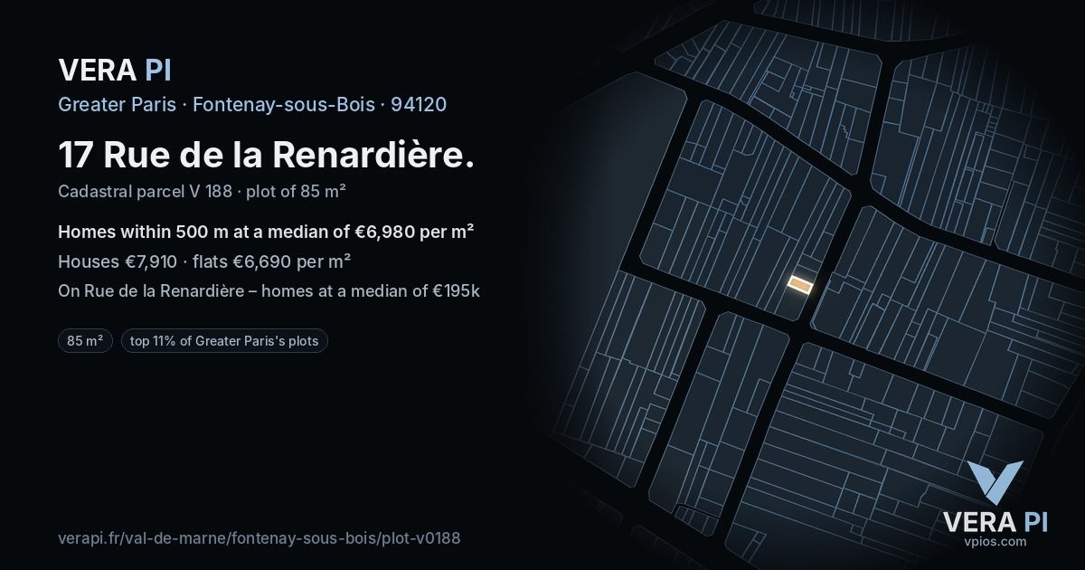 17 Rue de la Renardière, Fontenay-sous-Bois at night – the plot lit, the parcels around coloured by the prices near them