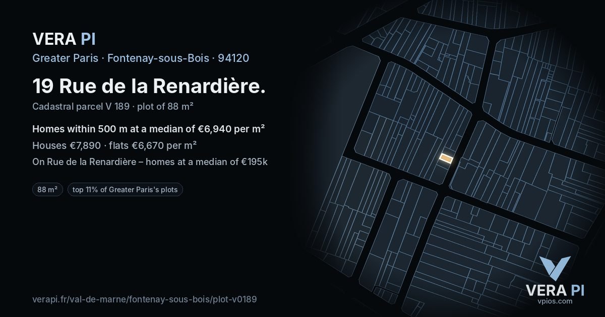 19 Rue de la Renardière, Fontenay-sous-Bois at night – the plot lit, the parcels around coloured by the prices near them