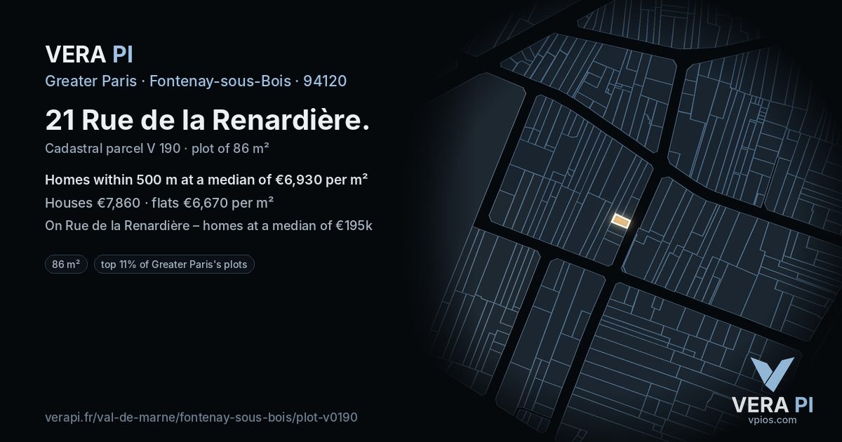 21 Rue de la Renardière, Fontenay-sous-Bois at night – the plot lit, the parcels around coloured by the prices near them