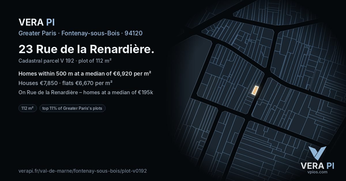 23 Rue de la Renardière, Fontenay-sous-Bois at night – the plot lit, the parcels around coloured by the prices near them