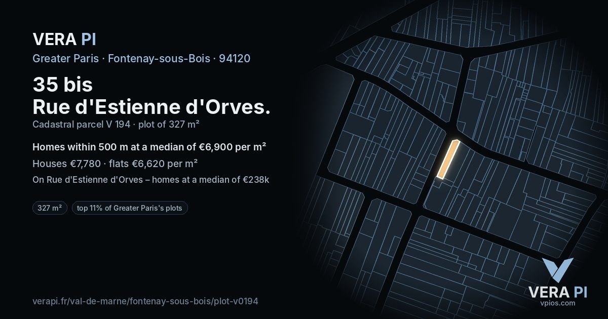 35 bis Rue d'Estienne d'Orves, Fontenay-sous-Bois at night – the plot lit, the parcels around coloured by the prices near them