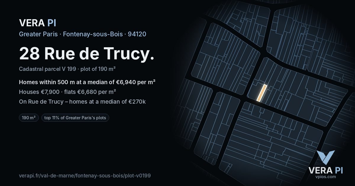 28 Rue de Trucy, Fontenay-sous-Bois at night – the plot lit, the parcels around coloured by the prices near them