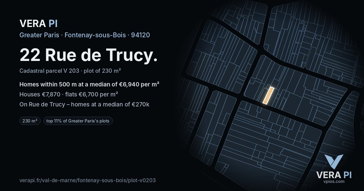 22 Rue de Trucy, Fontenay-sous-Bois at night – the plot lit, the parcels around coloured by the prices near them