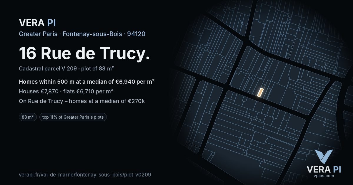 16 Rue de Trucy, Fontenay-sous-Bois at night – the plot lit, the parcels around coloured by the prices near them