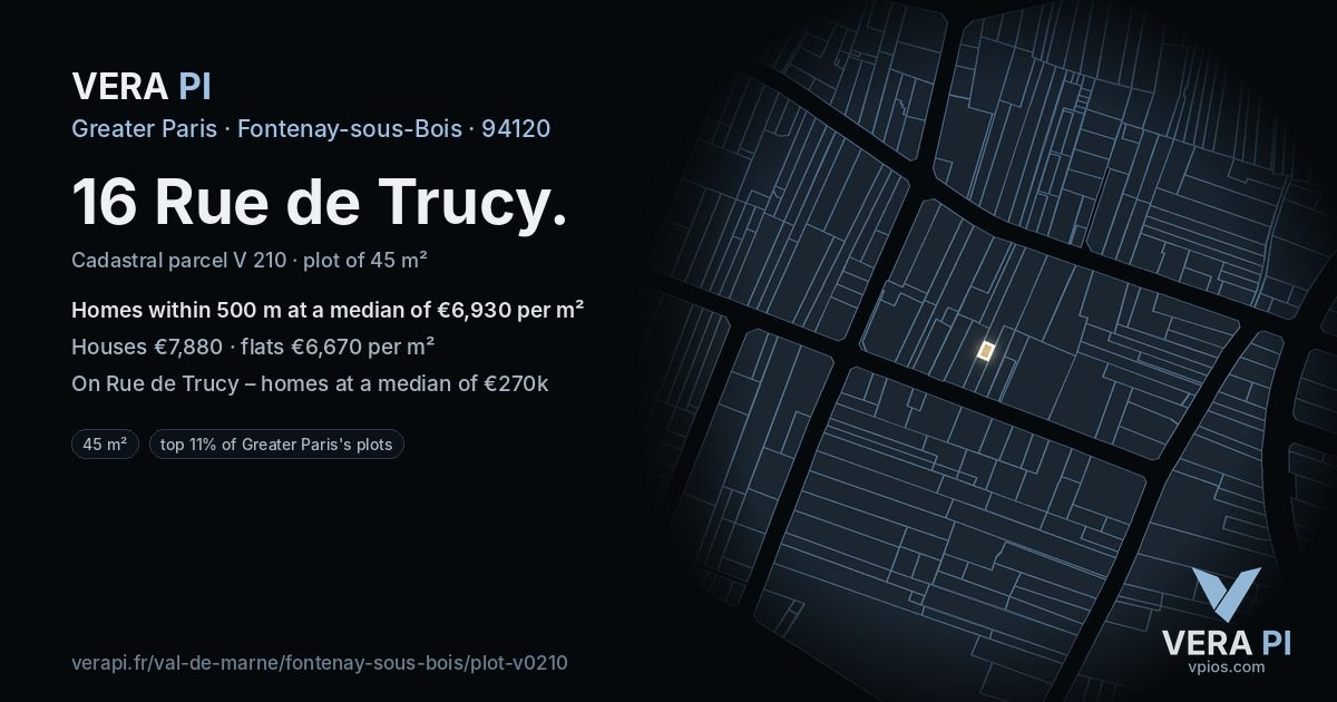 16 Rue de Trucy, Fontenay-sous-Bois at night – the plot lit, the parcels around coloured by the prices near them