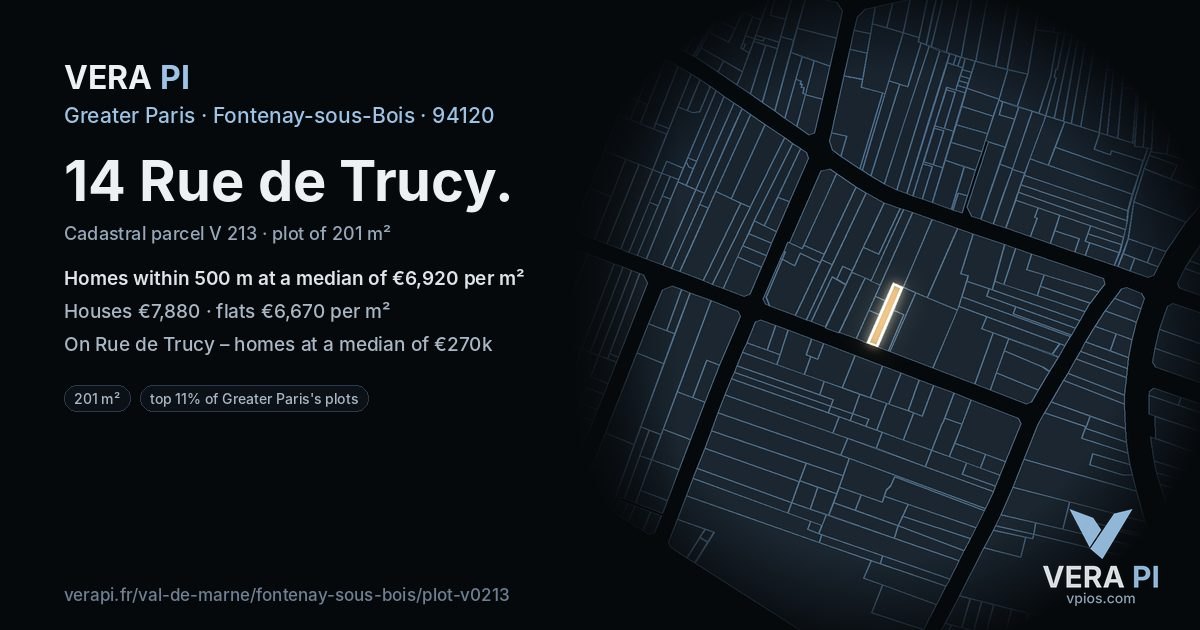 14 Rue de Trucy, Fontenay-sous-Bois at night – the plot lit, the parcels around coloured by the prices near them