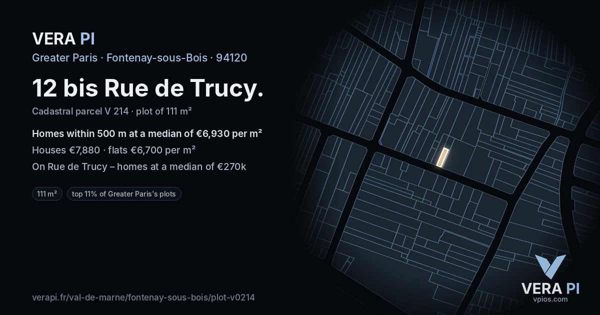 12 bis Rue de Trucy, Fontenay-sous-Bois at night – the plot lit, the parcels around coloured by the prices near them