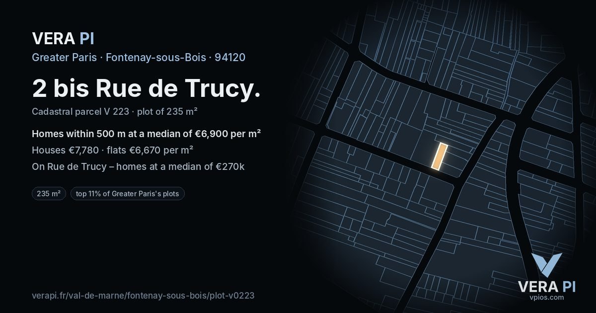 2 bis Rue de Trucy, Fontenay-sous-Bois at night – the plot lit, the parcels around coloured by the prices near them