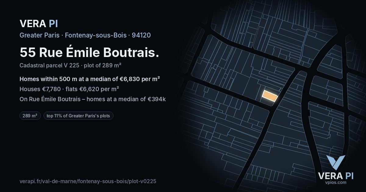 55 Rue Émile Boutrais, Fontenay-sous-Bois at night – the plot lit, the parcels around coloured by the prices near them