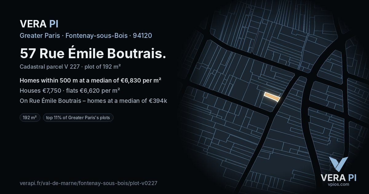 57 Rue Émile Boutrais, Fontenay-sous-Bois at night – the plot lit, the parcels around coloured by the prices near them