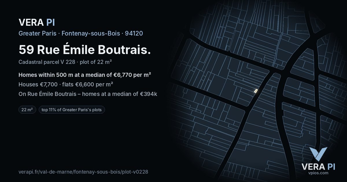 59 Rue Émile Boutrais, Fontenay-sous-Bois at night – the plot lit, the parcels around coloured by the prices near them