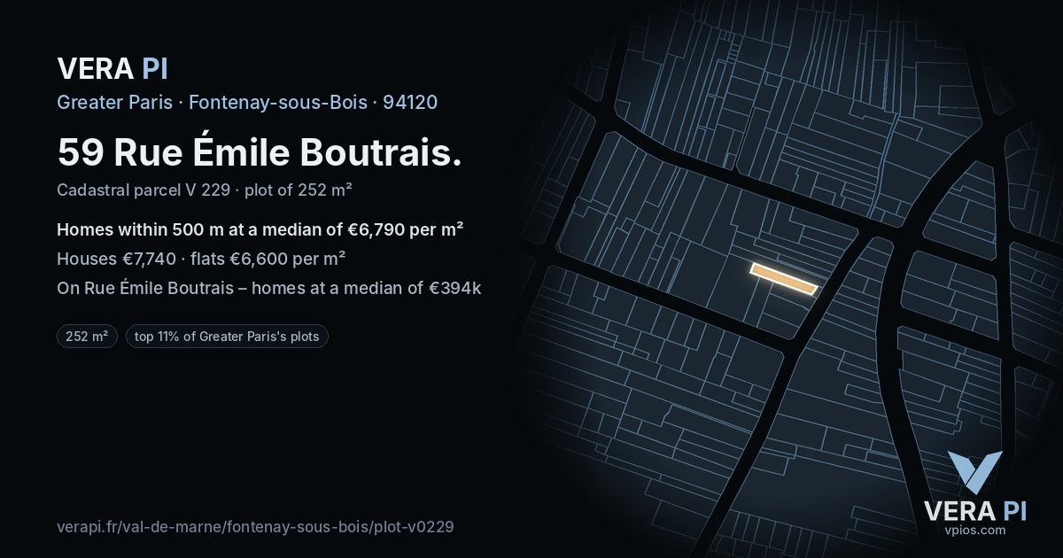 59 Rue Émile Boutrais, Fontenay-sous-Bois at night – the plot lit, the parcels around coloured by the prices near them