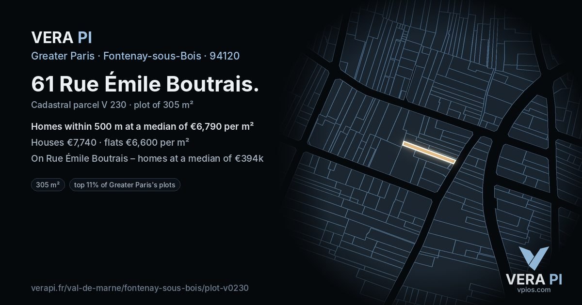 61 Rue Émile Boutrais, Fontenay-sous-Bois at night – the plot lit, the parcels around coloured by the prices near them