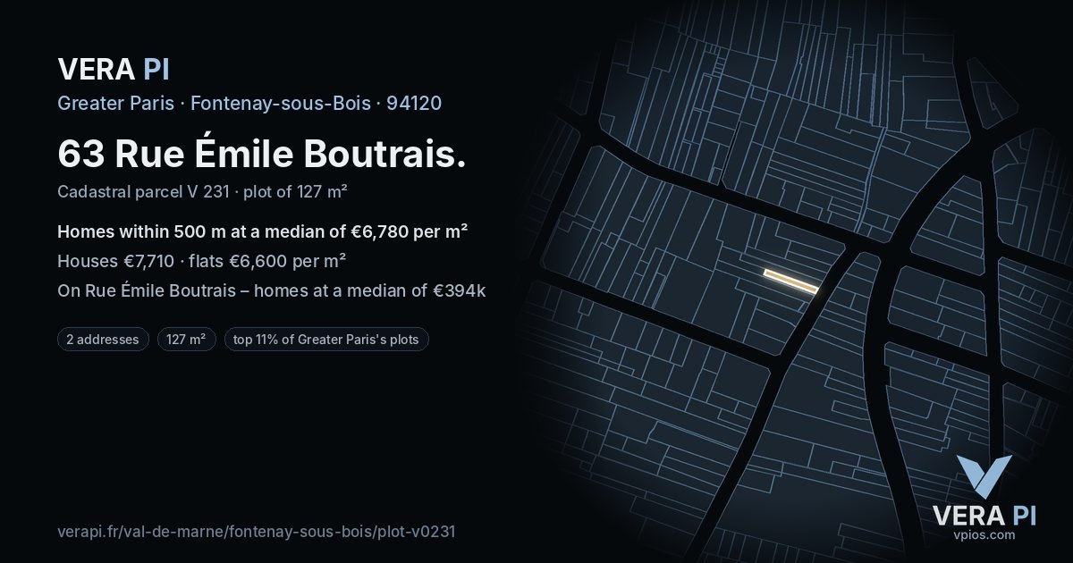 63 Rue Émile Boutrais, Fontenay-sous-Bois at night – the plot lit, the parcels around coloured by the prices near them