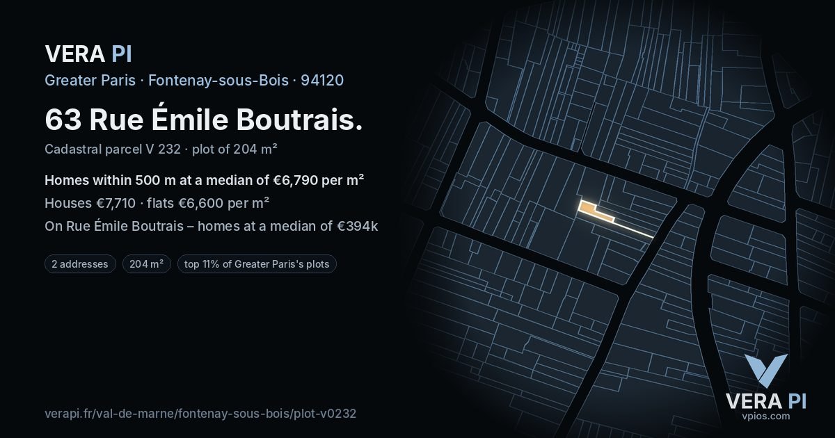 63 Rue Émile Boutrais, Fontenay-sous-Bois at night – the plot lit, the parcels around coloured by the prices near them