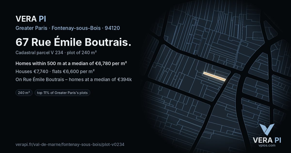 67 Rue Émile Boutrais, Fontenay-sous-Bois at night – the plot lit, the parcels around coloured by the prices near them