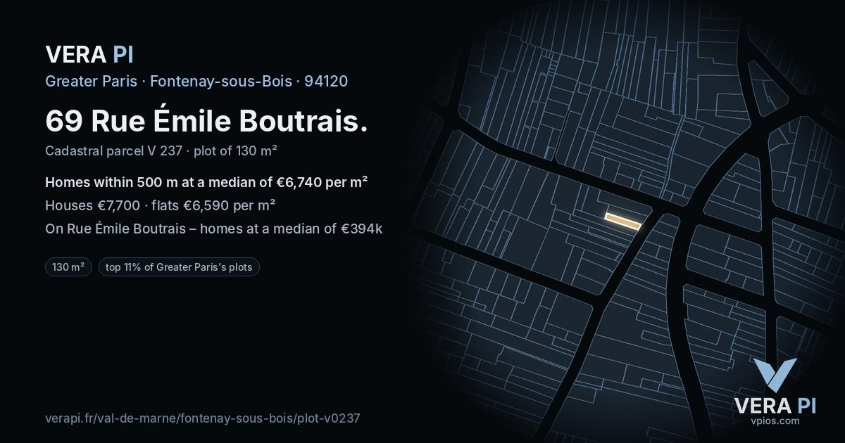 69 Rue Émile Boutrais, Fontenay-sous-Bois at night – the plot lit, the parcels around coloured by the prices near them
