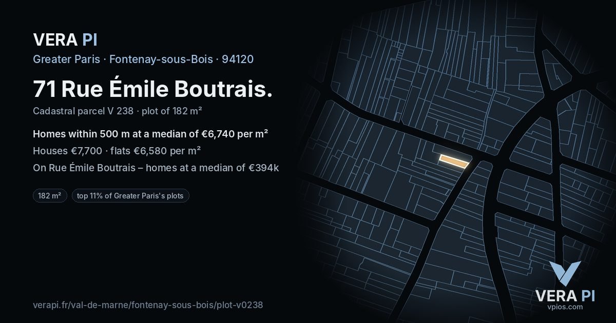 71 Rue Émile Boutrais, Fontenay-sous-Bois at night – the plot lit, the parcels around coloured by the prices near them