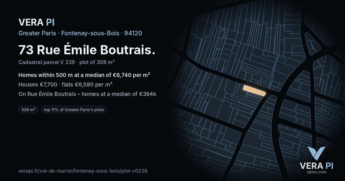 73 Rue Émile Boutrais, Fontenay-sous-Bois at night – the plot lit, the parcels around coloured by the prices near them